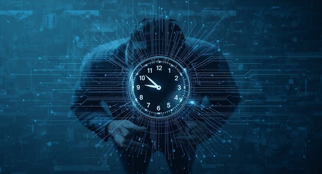 Overhead view of a project manager with clock and tech lines overlay symbolizing time efficient leadership in double exposure with copy space, ideal for time-efficient leadership design projects