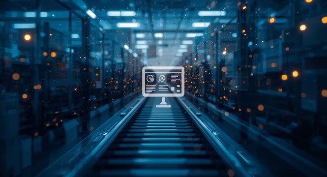 Silhouette of a conveyor system and a computer interface symbolizing automated inventory management in double exposure with copy space., A silhouette of a conveyor system intertwined with a computer
