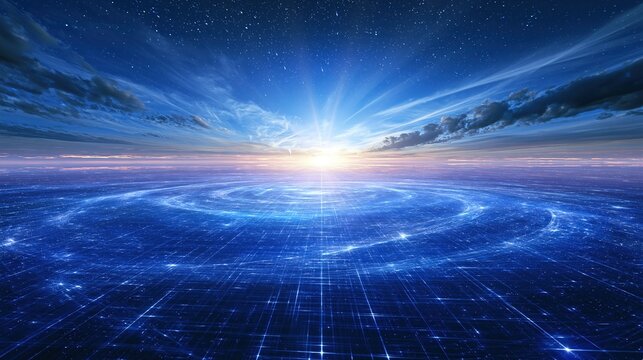 Abstract digital landscape with glowing grid and bright sunburst horizon
