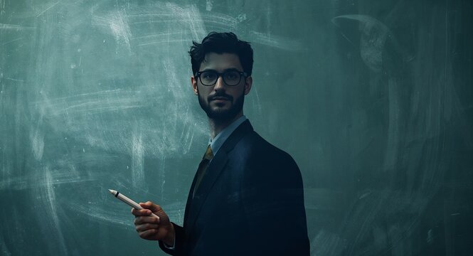 Teacher double exposure with chalkboard, A teachers profile merged with a chalkboard full of equations and diagrams representing education and knowledge sharing