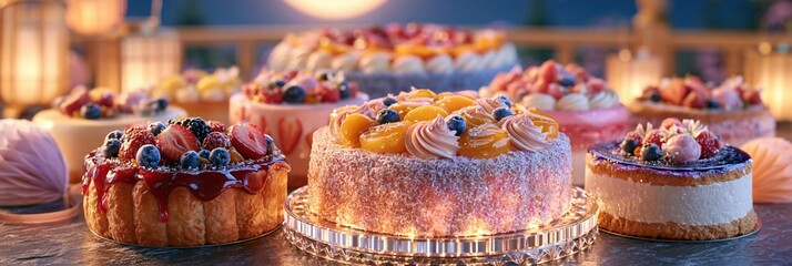 Fototapeta premium Assortment of beautifully decorated cakes with fresh berries and fruits, presented in a festive setting.