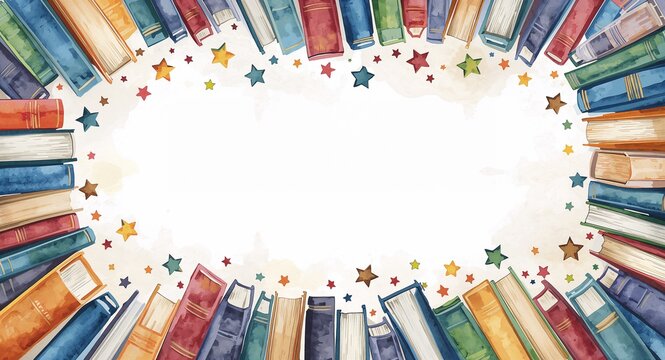 Hand painted watercolor border with books and stars for International Literacy Day copy space, Hand painted watercolor frame with books stars offering dreamy space for literacy messages with copy