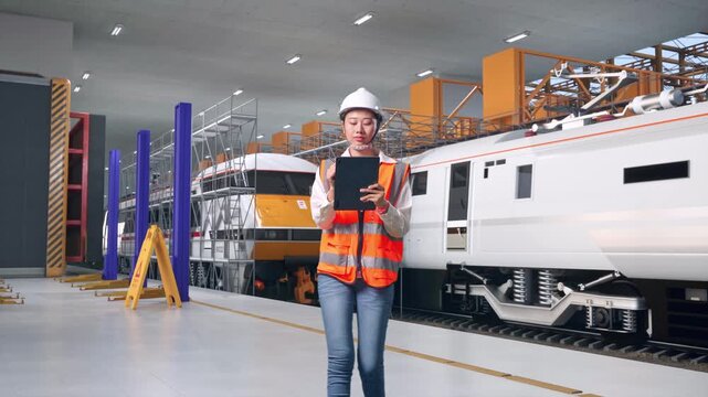 Front View of Asian Female Engineer Taking Note on Tablet While Walking at Train Locomotives Maintenance Depot Scaffolding