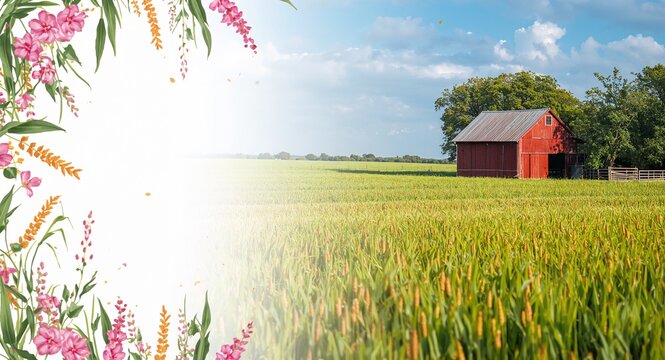Farmhouse and crops border providing space for World Farmers Day appreciation messages, Farmhouse crops border offering space for messages appreciating farmers and crops with copy space on the left