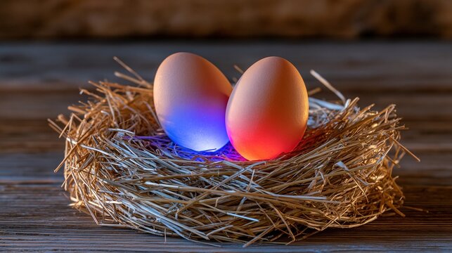 Two glowing eggs in a straw nest, one lit with blue, the other with red light, on a wooden background.
