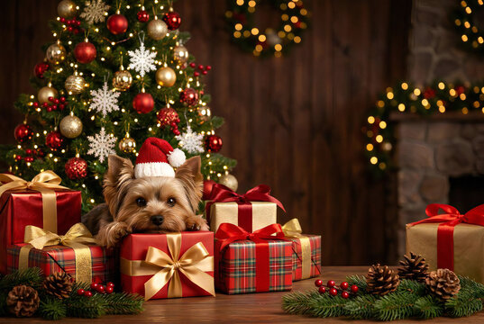 Yorkshire Terrier with Christmas Gifts and Decorated Tree