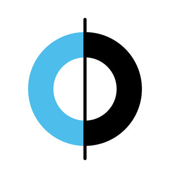 Split circle icon with blue left half and black right half divided by a vertical line isolated on transparent background