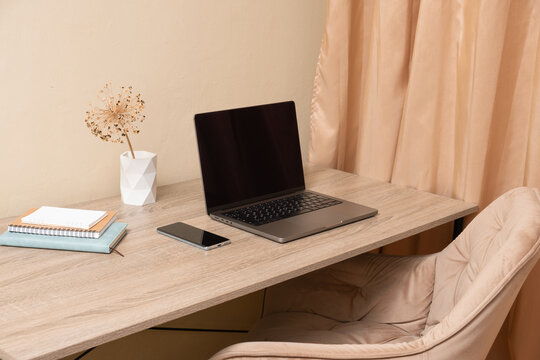 Desk with a laptop, phone, and plant in a simple indoor workspace