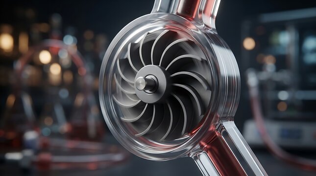 Close up of a transparent centrifugal pump impeller showing internal fluid dynamics in a high tech industrial laboratory environment
