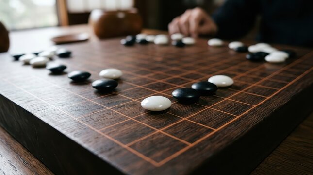 Traditional Japanese Go Board Game Close-up with Black and White Stones on Wooden Goban Table