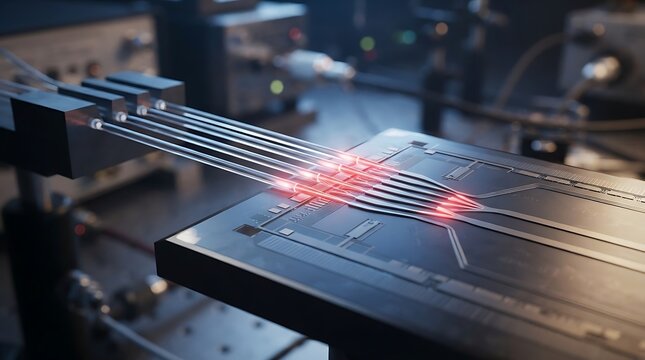 Advanced photonic integrated circuit chip with fiber optic connection and glowing red laser light signal for high speed data transmission in laboratory