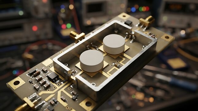 Close up view of a sophisticated radio frequency filter printed circuit board with ceramic resonators in a professional electronics laboratory environment