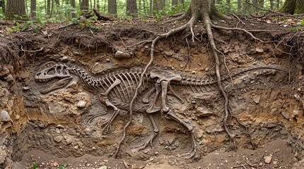 Naklejka premium Fossilized dinosaur skeleton buried deep underground within soil layers beneath tree roots in a forest.