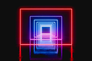 Fototapeta premium A futuristic neon tunnel with gradient frames, arranged in perspective on a dark reflective surface, creating a depth effect.