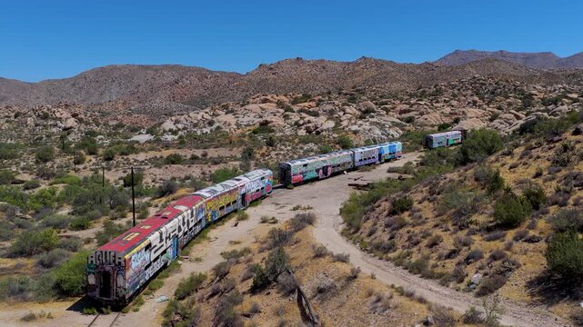 Aerial Abandoned Caltrain Passenger Cars California Desert Flyover