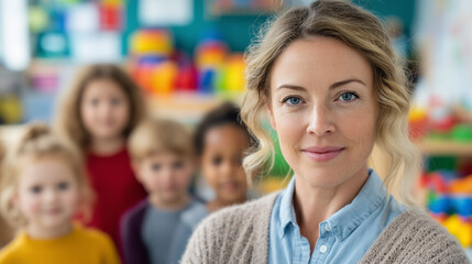 Obraz premium Female elementary school teacher standing with a diverse group of young children in a colorful classroom, representing inclusive education, teaching, childhood development, learning, and supportive sc