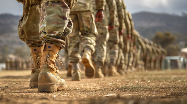 Close-up of soldiers in camouflage uniforms and military boots marching across an outdoor training field, representing military training, discipline, teamwork, readiness, and armed forces.