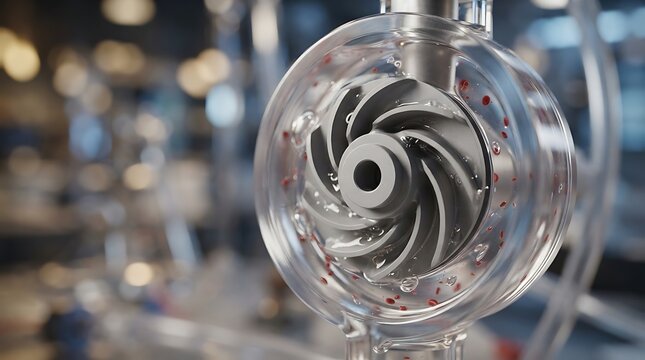 Close up of a transparent centrifugal water pump prototype showing internal impeller movement and fluid dynamics in a laboratory setting