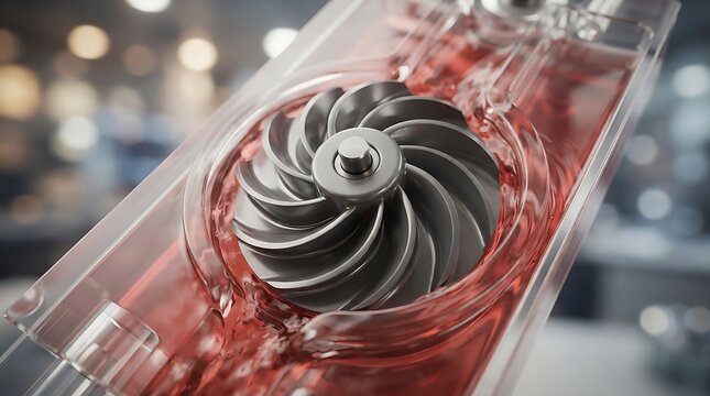 Close up view of a centrifugal pump impeller inside a transparent housing with flowing red fluid representing industrial liquid cooling systems