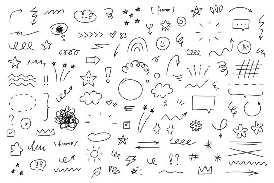 Hand drawn doodle elements collection. Sketch arrows, stars, hearts, highlights and decorative scribble lines set. For notes, planners, presentations and creative design projects.