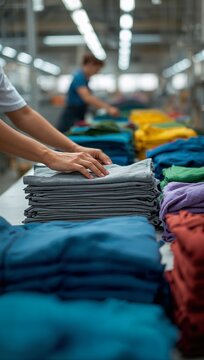 Garment factory worker stacking folded colorful textile fabrics on an assembly table in a clothing manufacturing plant.
