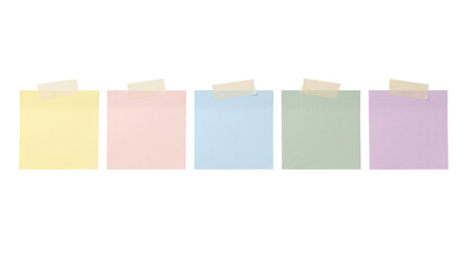 Pastel sticky notes with masking tape, colorful paper memo pads on white background, set of five blank adhesive note reminders © Graphics Stock