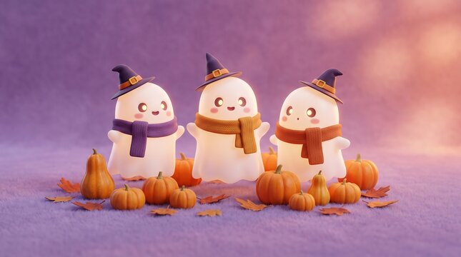 Three cute glowing ghosts wearing witch hats and scarves standing among autumn orange pumpkins outdoors