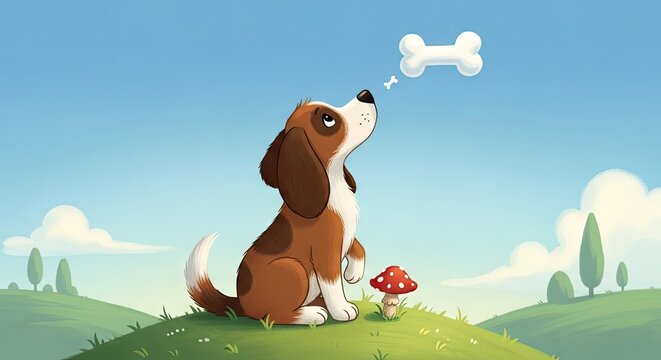 Cute cartoon beagle puppy watching a floating bone dream.