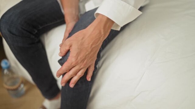 Woman sitting on edge of bed in building, hands holding knee through jeans with fingers pressing joint; pain aging.