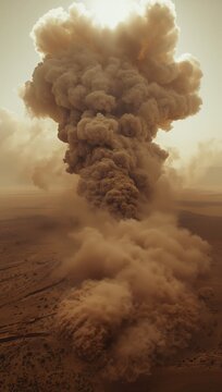 A towering volcanic ash plume rises dramatically above a barren landscape under a hazy sky.