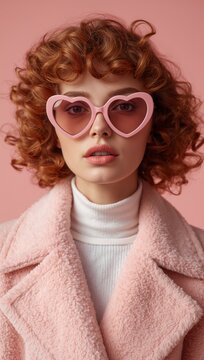 Young woman with curly red hair wearing pink heart-shaped glasses and a stylish pink coat against a pastel background.