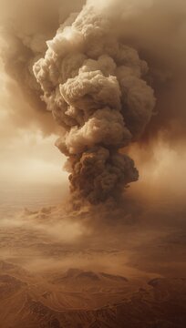 A towering volcanic ash plume rises dramatically above a barren landscape under a hazy sky.