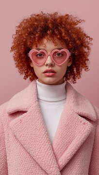 Young woman with curly red hair wearing pink heart-shaped glasses and a stylish pink coat against a pastel background.
