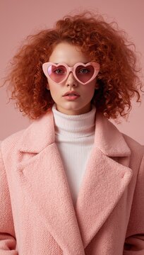 Young woman with curly red hair wearing pink heart-shaped glasses and a stylish pink coat against a pastel background.
