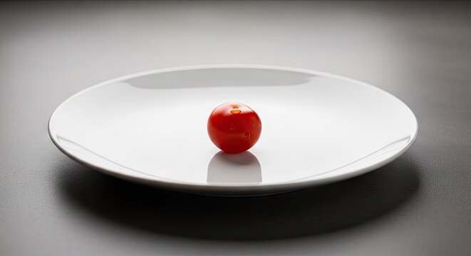 Fresh red cherry tomato centered on white ceramic plate.