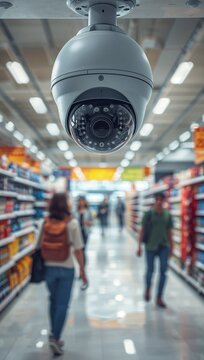 Security camera monitoring shoppers in a brightly lit supermarket aisle.