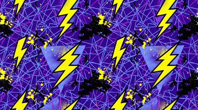Vibrant retro 80s lightning bolt seamless pattern background