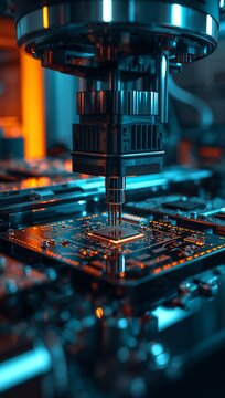 Precision industrial machine processing an electronic circuit board in a futuristic automated manufacturing environment.