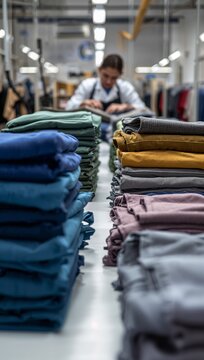 Worker organizing stacks of colorful folded clothing in a busy garment warehouse.