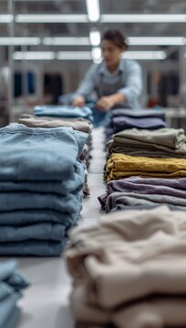 Worker organizing stacks of colorful folded clothing in a busy garment warehouse.