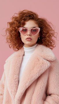 Young woman with curly hair wearing heart-shaped sunglasses and a fluffy pink coat against a pastel pink background.