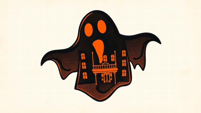 Retro halloween ghost silhouette with haunted house illustration