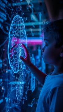 Child interacting with a futuristic holographic digital interface in a technology laboratory.