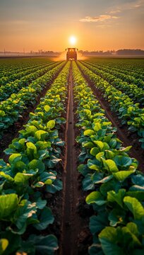 Agricultural tractor harvesting rows of leafy vegetables in a field at sunset.