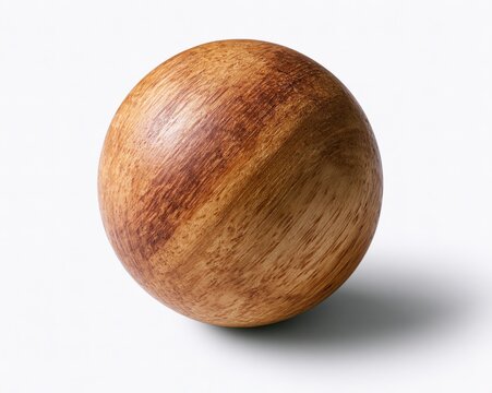 A polished wooden sphere, showcasing rich brown tones and subtle grain patterns against a stark white backdrop.