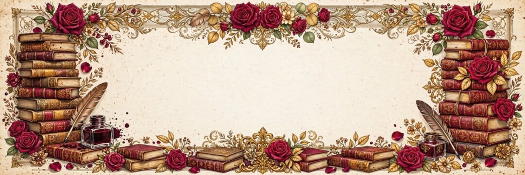 An elegant vintage library border featuring stacks of old books, red roses, a feather quill pen, and inkwell surrounding a clean central copy space for literary design.