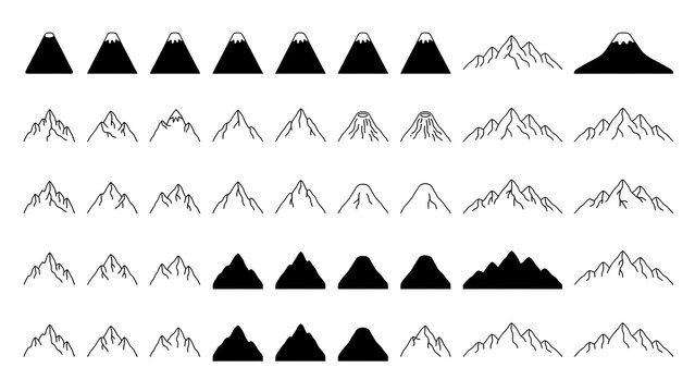 high level description a collection of minimalist mountain peak icons in various linear and silhouette styles