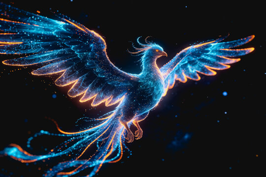 A luminous mythical phoenix bird made of glowing blue and orange particles, soaring through a starry dark space.