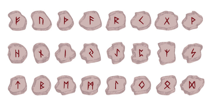 Set of hand drawn viking runes Rune stones with ancient norse alphabet characters engraved on them Scandinavian futhark germanic celtic Single element for design, print, web, decor