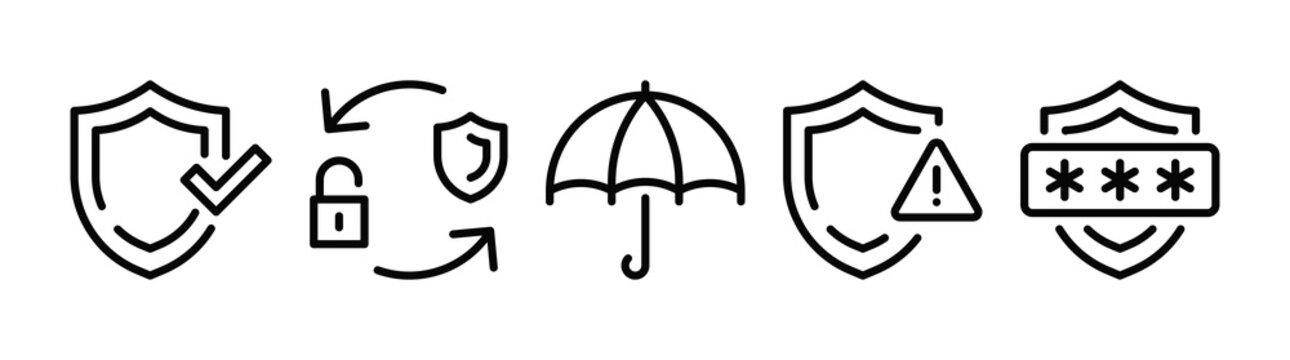 Security shield icons set, line art protection symbols, including checkmark shield, data exchange, umbrella coverage, warning alert, password protection flat illustration.